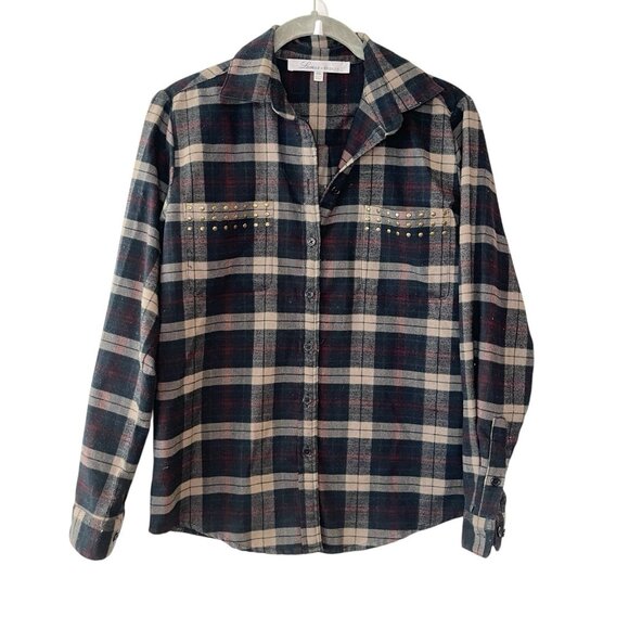 Lovers + Friends Button Up Shirt Plaid Flannel Studded Pockets Grunge Y2K XS‎ - Picture 1 of 5